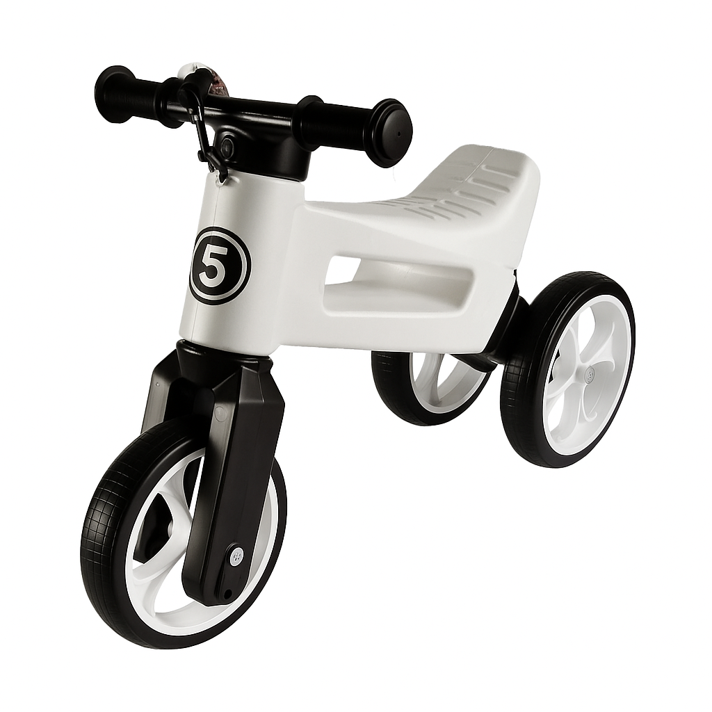 Bicicleta sin pedales con cesta para manillar, 2 en 1, 18+ meses, neumáticos y puños de goma, 4 niveles de ajuste de altura, Funny Wheels Rider SuperSport Blanco Limitado/Negro