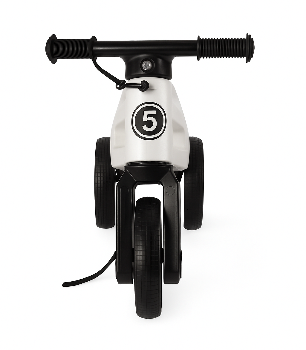 Bicicleta sin pedales con cesta para manillar, 2 en 1, 18+ meses, neumáticos y puños de goma, 4 niveles de ajuste de altura, Funny Wheels Rider SuperSport Blanco Limitado/Negro