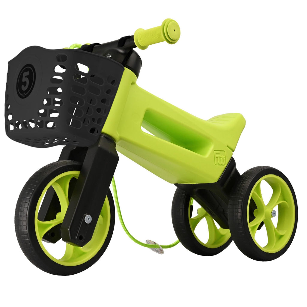 Bicicleta sin pedales con cesta para el manillar, 2 en 1, más de 18 meses, neumáticos y puños de goma, 4 niveles de ajuste de altura, Funny Wheels Rider SuperSport Lima/Negro
