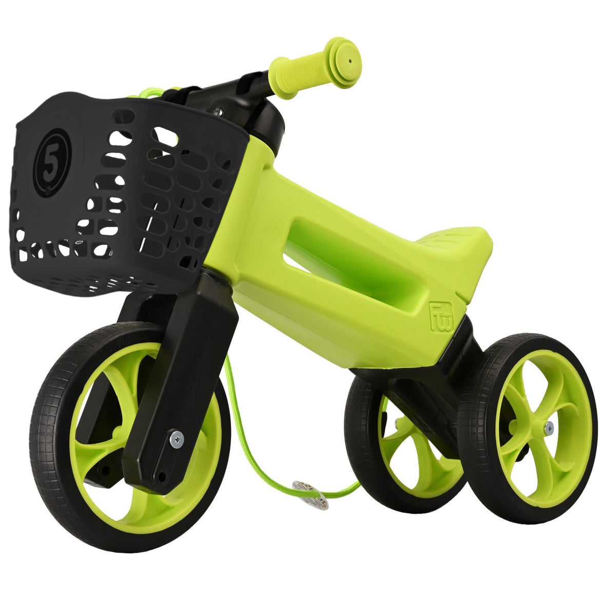 Bicicleta sin pedales con cesta para el manillar, 2 en 1, más de 18 meses, neumáticos y puños de goma, 4 niveles de ajuste de altura, Funny Wheels Rider SuperSport Lima/Negro