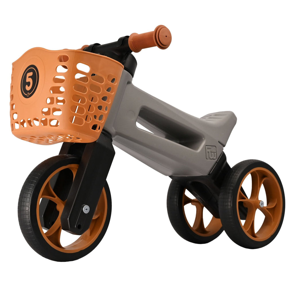 Bicicleta sin pedales con cesta para manillar, 2 en 1, más de 18 meses, neumáticos y puños de goma, 4 niveles de ajuste de altura, Funny Wheels Rider SuperSport Gris Mate/Marrón