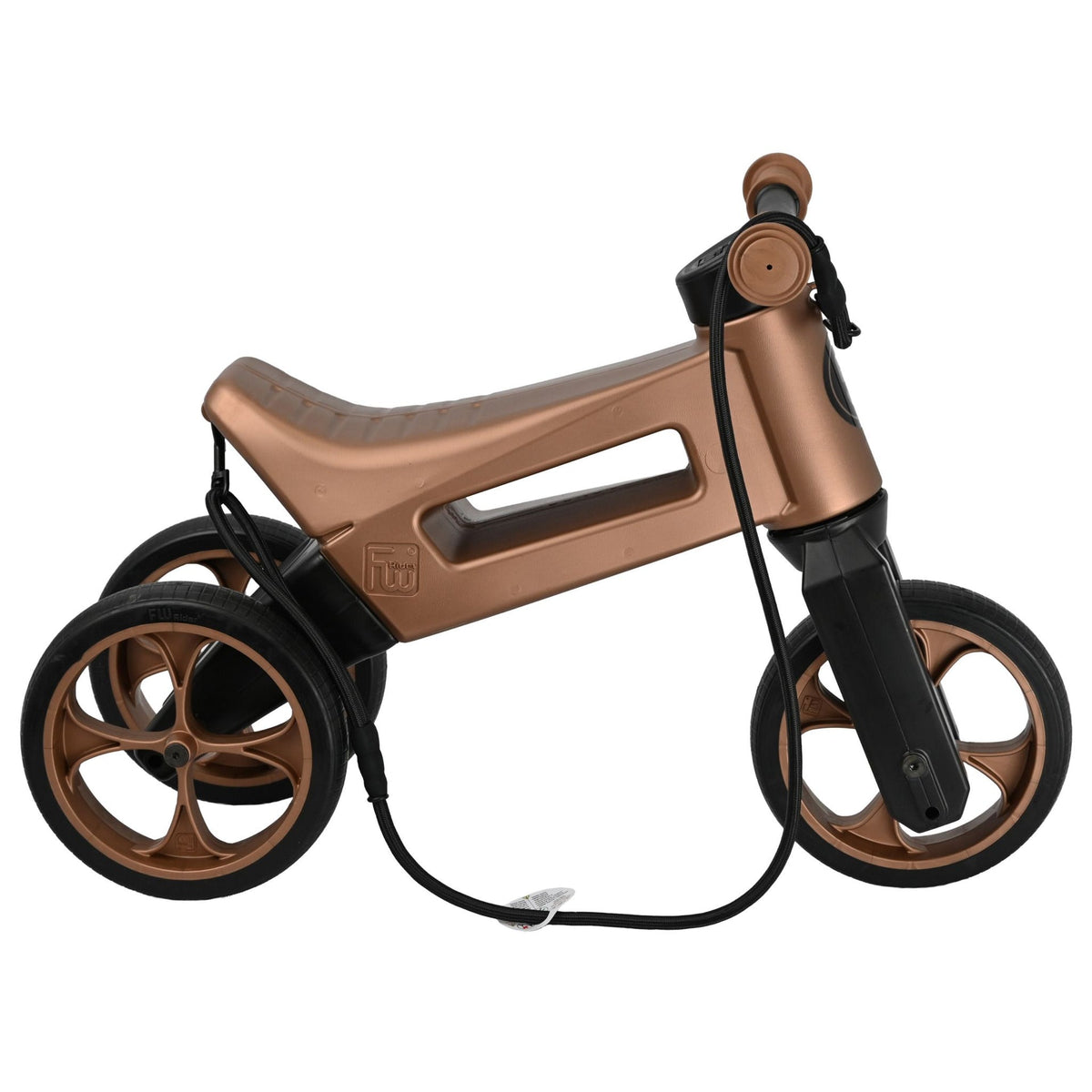Bicicleta sin pedales con cesta para manillar, 2 en 1, más de 18 meses, neumáticos y puños de goma, 4 niveles de ajuste de altura, Funny Wheels Rider SuperSport Cobre/Negro