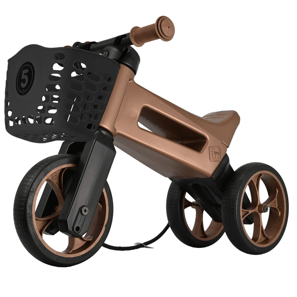 Bicicleta sin pedales con cesta para manillar, 2 en 1, más de 18 meses, neumáticos y puños de goma, 4 niveles de ajuste de altura, Funny Wheels Rider SuperSport Cobre/Negro
