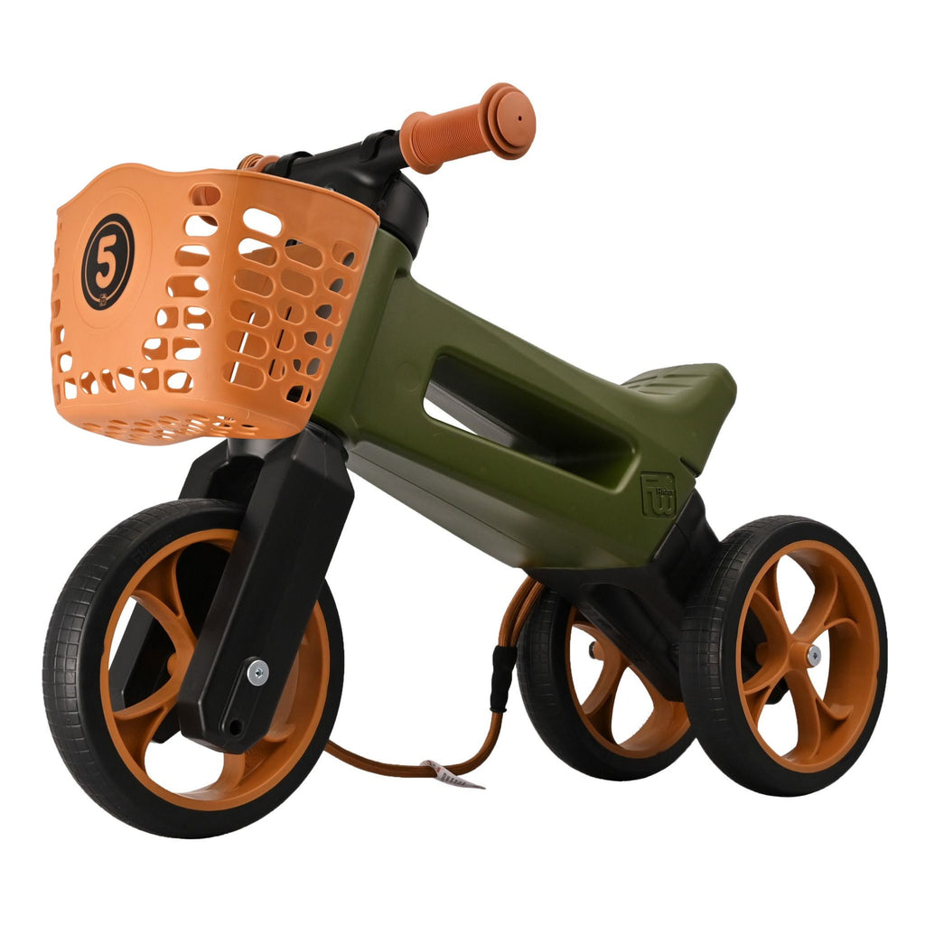 Bicicleta sin pedales con cesta para manillar, 2 en 1, 18+ meses, neumáticos y puños de goma, 4 niveles de ajuste de altura, Funny Wheels Rider SuperSport Khaki/Brown