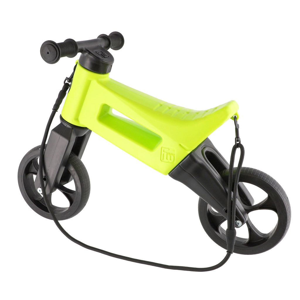 Bicicleta sin pedales con cesta para el manillar, 2 en 1, más de 18 meses, neumáticos y puños de goma, 4 niveles de ajuste de altura, Funny Wheels Rider SuperSport Lima/Negro